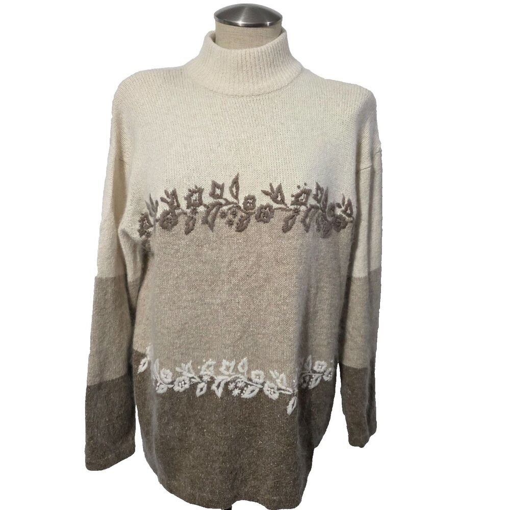 Segue Embroidered Ribbed Silk Angora Lambswool Floral Colorblock Knit Sweater L